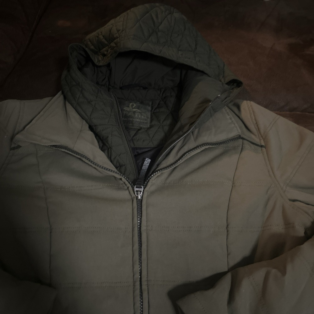 Prana Jacket L Insulated Quilted Parka Women Large Green Hooded Jacket Outdoors - Picture 2 of 11